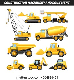 Construction Equipment And Machinery With Trucks Crane And Bulldozer Flat Icons Set Bright Yellow Abstract Isolated Vector Illustration  