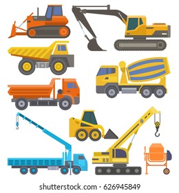 Construction equipment and machinery with trucks crane bulldozer flat yellow transport vector illustration