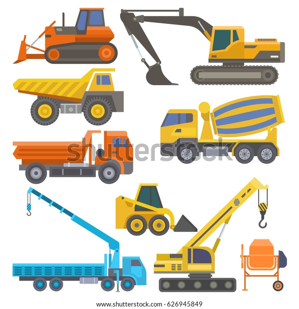 トラッククレーンと建設機器や機械類のブルドーザー平面の黄色い輸送ベクターイラスト のベクター画像素材 ロイヤリティフリー