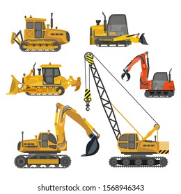 Construction equipment, machines for building work isolated icons vector. Forklifts and cranes, excavators and tractors, bulldozers and trucks. House constructing and road repair vehicles with hooks