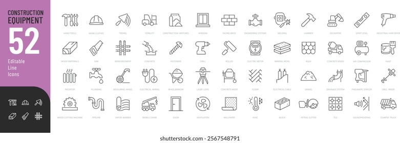 Construction Equipment and Materials Line Editable Icons set. Vector illustration in modern thin line style of construction related icons: insects, rodents, lizards, exotic animals, and more.