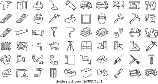 Construction Equipment and Materials Line Editable Icons set