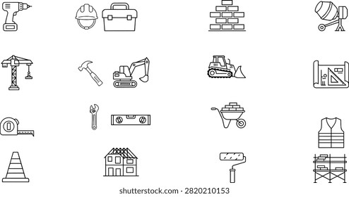 Construction equipment outline icon set showing professional building tools site machinery and safety gear on transparent background