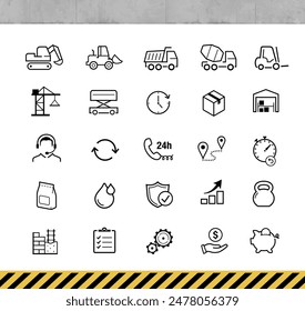 Construction equipment rental and heavy machinery icon set.The outline icons are well scalable and editable. Contrasting vector elements are good for different backgrounds. EPS10.