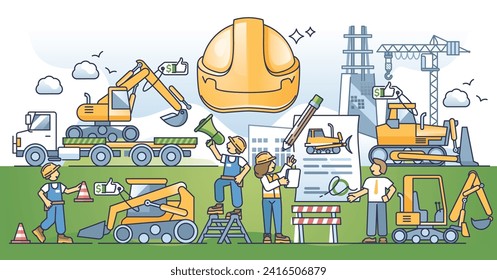 Construction equipment rental service with heavy machinery outline concept. Professional mechanic industrial tools for house building and bulldozer transportation vector illustration. Contractor gear