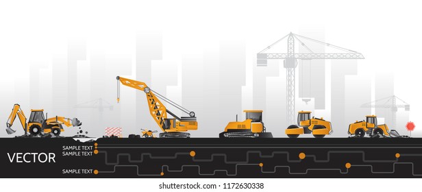 Construction equipment, road repair and underground communications with the background of buildings and cranes.