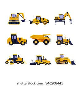 Construction Equipment Road Roller, Excavator, Bulldozer and Tractor. Car Flat Icon Collection 