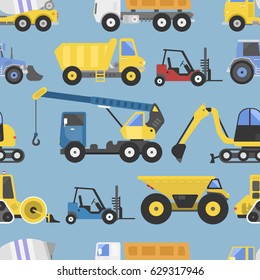 Construction equipment seamless pattern machinery with trucks flat yellow transport vector illustration