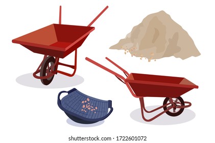 Construction equipment set consisting of red cement cart hod and sand pile