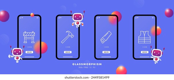 Construction, equipment set icon. Construction supplies, hammer, saw, jacket, windbreaker, stop, fencing, tree cutting, high quality cloth. Concept of work on site. Glassmorphism style.