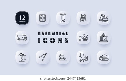 Construction equipment set icon. Window, heavy equipment, ladder, crane, vehicle for transporting cargo, compass, house, frame, drill, wall, mechanism. Building concept. Neomorphism style.