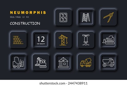 Symbol für Baugerätesatz. Fenster, schwere Ausrüstung, Leiter, Kran, Fahrzeug für den Transport von Fracht, Kompass, Haus, Rahmen, Bohrer, Wand, Mechanismus. Baukonzept. Symbol für Vektorgrafik.