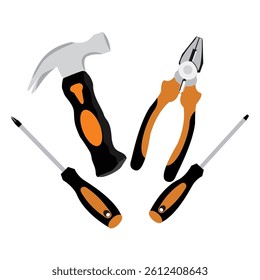 Construction equipment set. Industrial vector icons in flat style isolated on white. Equipment for the construction industry, work equipment Hammer, Screwdriver and Pliers.