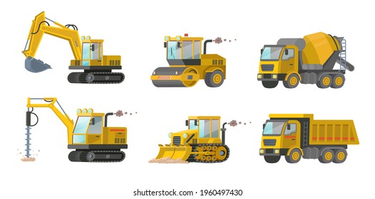 Construction equipment set. Construction site transport, truck, excavator,  roller, drill, loader bulldozer, road roller, drilling tractor, dump truck, concrete mixer. 