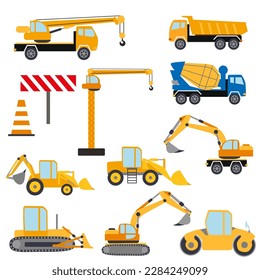 Construction equipment set. Special machines for construction work. Forklifts, concrete mixer, cranes, excavators, tractors, bulldozers trucks Road repair