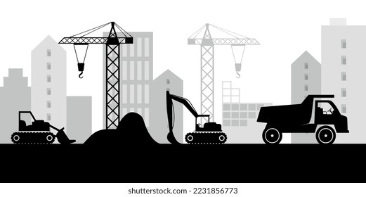 Construction equipment silhouette. Construction of new buildings, urban architecture. Engineering and automation. Truck, excavator, bulldozer, tractor and crane. Cartoon flat vector illustration