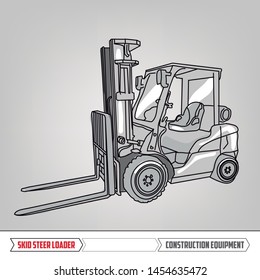 Construction Equipment: Skid Steer Loader Heavy machinery. Line Illustration. Hand Drawn isolated vector.