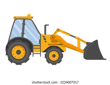 Construction equipment. Special machines.Construction machine.Building work.Heavy construction and mining machinery.Yellow bulldozer tractor.Isolated on white.Side view.Flat vector.