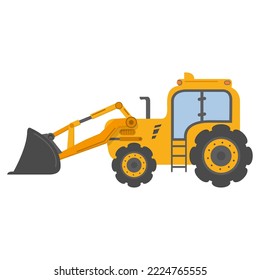 Construction equipment. Special machines.Construction machine.Building work.Heavy construction and mining machinery.Yellow bulldozer tractor.Isolated on white.Side view.Flat vector.