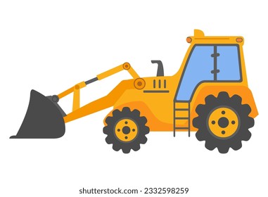 Construction equipment. Special machines.Construction machine.Building work.Heavy construction and mining machinery.Yellow bulldozer tractor.Isolated on white.Side view.Flat vector.