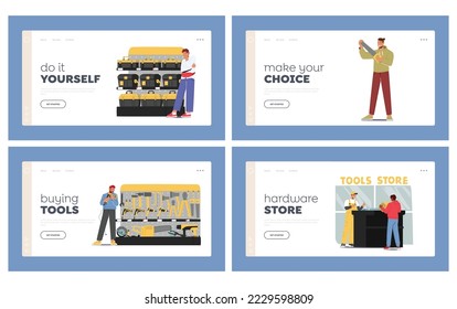 Construction Equipment Store Landing Page Template Set. Male Characters Buying Tools and Instruments in Hardware Shop. Men Choose Devices for Fixing or Repair Needs. Cartoon People Vector Illustration