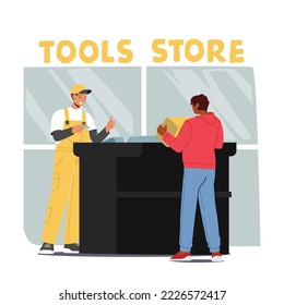 Construction Equipment Store. Male Character Buying Tools and Instruments in Hardware Shop. Man with Purchase Stand at Cashier Desk with Salesman Paying for Device. Cartoon People Vector Illustration