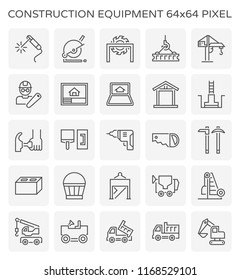 Construction equipment and tool icon set, 64x64 perfect pixel and editable stroke.