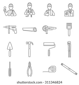 Construction equipment and tools icons line set isolated vector illustration