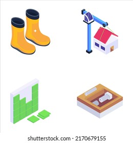 Construction Equipment And Tools Isometric Icons

