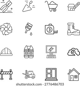 construction equipment tools and safety icons, pliers, trowel, wheelbarrow, house, fan, paintbrush, tape measure, boot