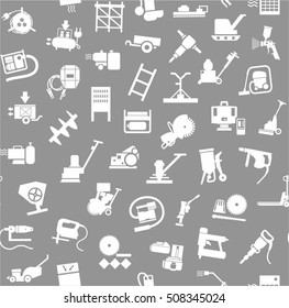 Construction equipment and tools, seamless background, grey. Vector background with images of equipment for construction and repair. White, flat pictures on a gray field. 