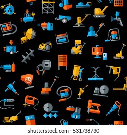 Construction equipment and tools, seamless background, black, colored. Vector background with images of equipment for construction and repair. Colored, flat images on a black field. 