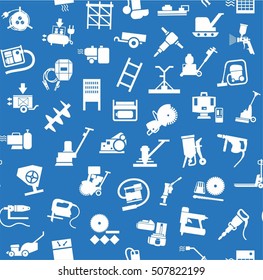 Construction equipment and tools, seamless pattern, blue. Vector background with images of equipment for construction and repair. White, flat pictures on a blue field. 