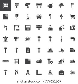 Construction equipment and tools vector icons set, modern solid symbol collection, filled style pictogram pack. Signs, logo illustration. Set includes icons as blueprint, demolition, crane, bulldozer