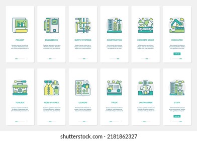 Construction Equipment And Tools Vector Illustration. UX, UI Onboarding Mobile App Page Screen Set With Line Heavy Machinery For Building And Engineering, Toolbox And Worker Stuff Clothes Symbols