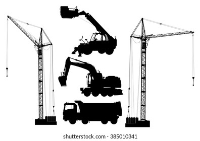 Construction equipment: truck, excavator, elevator, cranes. Detailed silhouettes of construction machines isolated on white. Vector illustration