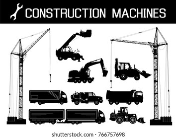 Construction equipment: trucks, excavators, bulldozer, elevator, cranes. Detailed silhouettes of construction machines isolated on white. Vector illustration