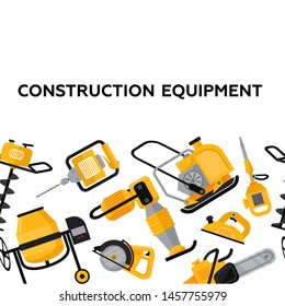 Construction Equipment vector banner in flat style. Vibrating rammer; electric disc; gas drill; jackhammer; chainsaw; concrete mixer;