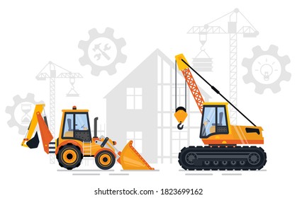 Construction equipment vector, bulldozer and loader crane with hook. Building with gears and cogwheels, creating new infrastructure in city flat style