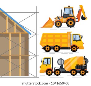 Construction equipment vector, crane and excavator vector, Building with planks and bulks, cement mixer and truck transporting heavy items and cargo