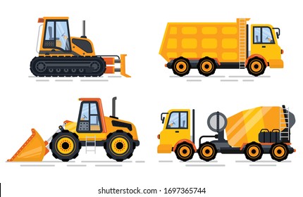 Construction equipment vector, isolated machinery transport for work. Bulldozer and tractor, cement mixer and excavator, building working process