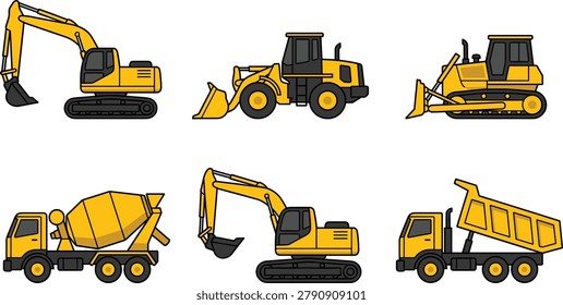 Construction Equipment Vector Set with Excavators Wheel Loader Bulldozer Concrete Mixer and Dump Truck