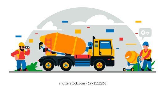 Construction equipment and workers at the site. Colorful background of geometric shapes and clouds. Builders, construction equipment, service personnel, concrete mixer, binoculars.Vector illustration