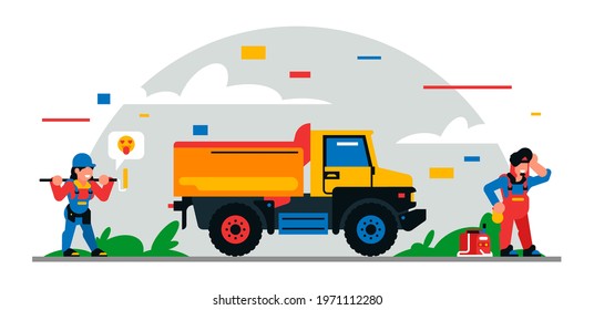 Construction equipment and workers at the site. Colorful background of geometric shapes and clouds. Builders, construction equipment, service personnel, truck, welder, painter. Vector illustration.