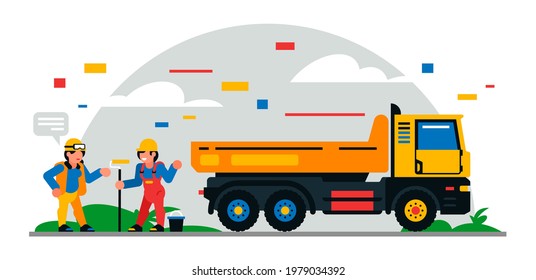 Construction equipment and workers at the site. Colorful background of geometric shapes and clouds. Builders, construction equipment, service personnel, truck, woman, painter. Vector illustration.