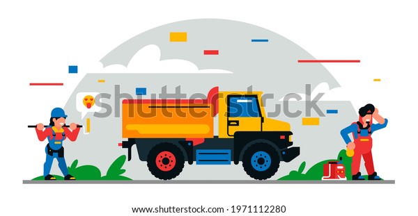 Construction equipment and workers at the\
site. Colorful background of geometric shapes and clouds. Builders,\
construction equipment, service personnel, truck, welder, painter.\
Vector\
illustration.