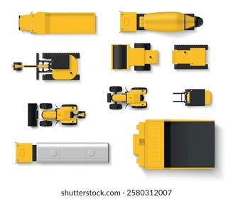 Construction equipment yellow industrial transport top view set realistic vector illustration. Heavy machinery transportation excavator bulldozer truck tank roller bucket vehicle for building industry