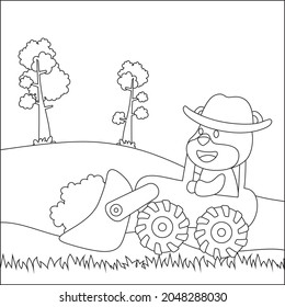 Construction equipments cartoon vector with cute animal on tractor. Childish design for kids activity colouring book or page.