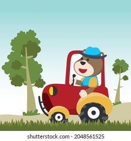 Construction equipments cartoon vector with cute animal on tractor, Can be used for t-shirt print, kids wear fashion design, invitation card. fabric, textile, nursery wallpaper and poster.