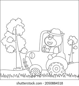 Construction equipments cartoon vector with cute animal on tractor. Childish design for kids activity colouring book or page.